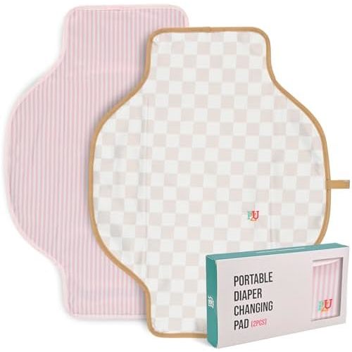 PZU 2 Pack Portable Diaper Changing Pad - Waterproof Travel Changing Mat with Built-in Pillow, Gifts for Baby Shower, Newborn Girls & Boys (Pink Stripes, Beige Checkers)