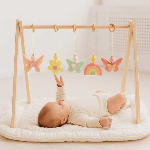 Pastel Baby Gym: Handmade Wooden Play Gym with Rainbow & Butterfly Toys