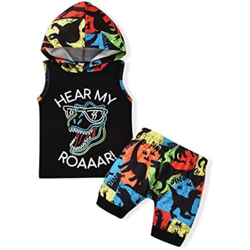 HINTINA Toddler Boy Dinosaur Sleeveless Hoodie Sweatsuit Shorts Pants Outfits Summer Clothes Set