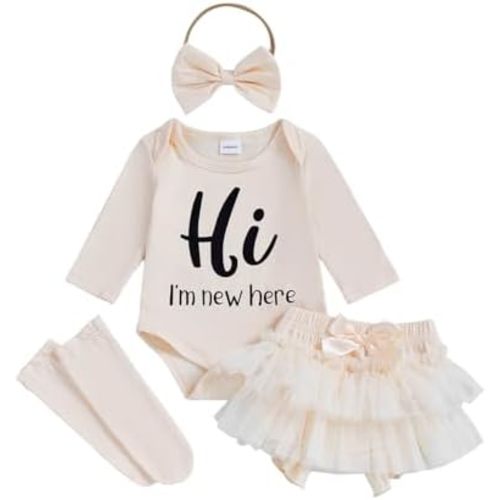 Im New Here Newborn Baby Girl Outfit Ruffle Romper Tiered Tutu Dress Shorts Headband Socks Coming Home Clothes Set