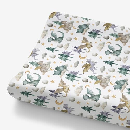 HawSkgFub Watercolor Cute Dragon Fairy Tale Changing Pad Cover for Baby Boy, Cloud Moon Star Dragons Egg Diaper Change Table Covers, Soft Stretchy Safe Snug Fitted Changing Mat Sheet Fit 32"/34" x 16"