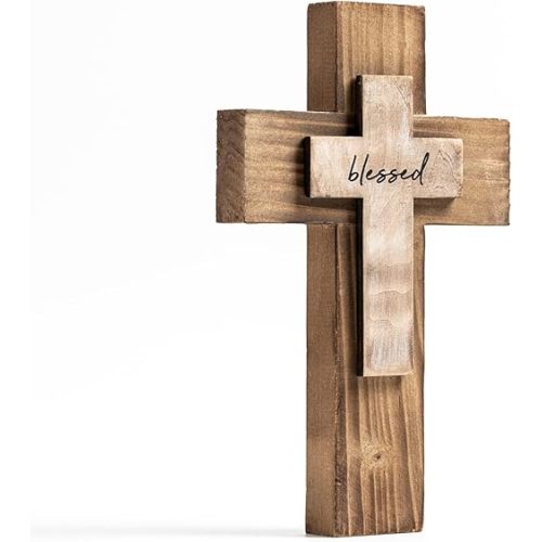 OKSQW Wall Wooden Christians Cross Spiritual Religious Cross Gifts With Hook on Hanging Wall Or Table With Blessed For Church Home Room Decoration For Christmas (5 colors available)
