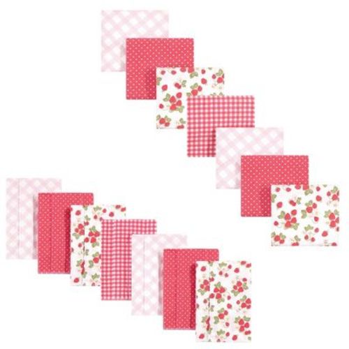 Hudson Baby Infant Girl Cotton Flannel Burp Cloths and Receiving Blankets, 14-Piece, Strawberries, One Size