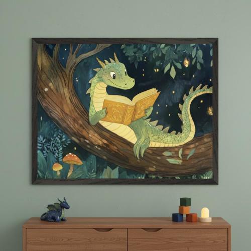 Dragon Framed Wall Art, Whimsical Forest Reading Scene, Nursery & Kids Room Decor