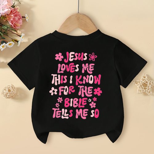Cute Cartoon Letter And Flower Print Black Short-Sleeve Top for Baby Girls, Perfect for Casual Outings