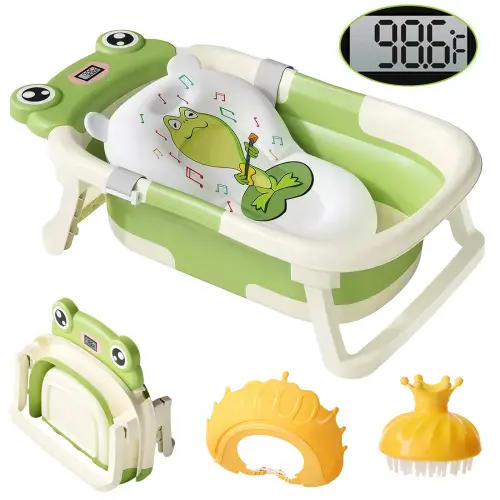 TOPCHANCES Collapsible Baby Bathtub with Thermometer, Newborn Baby Shower Tub + Baby Tub Cushion + Bath Cap + Shampoo Brush, Portable Baby Folding Bathtub for 0-36 Month Newborn (Green)