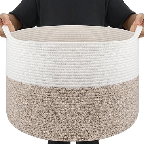 Throw Blanket Basket for Living Room, Extra Large Cotton Rope Basket for Storage, Woven Laundry Towel Hamper with Handles, Baby Toy Storage, 22" x 22" x 14" Pillow Bin