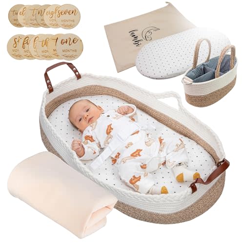 Baby Changing Basket Set with Diaper Caddy Organizer, Multi Handle Handmade Boho Cotton Rope Basket with Portable Bag, Waterproof Pad, Milestone Markers, Blanket -Table Topper Changing Pad for Newborn
