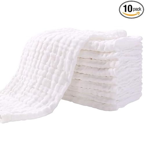 Yoofoss Muslin Burp Cloths for Baby 10 Pack 100% Organic Cotton Baby Washcloths for Boys Girls Large 20''X10'' Super Soft and Absorbent White