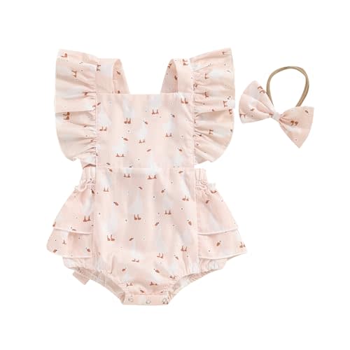 Newborn Western Clothes Goose/Duck Print Romper Ruffle Sleeveless Bodysuit with Headband Baby Farm Outfit