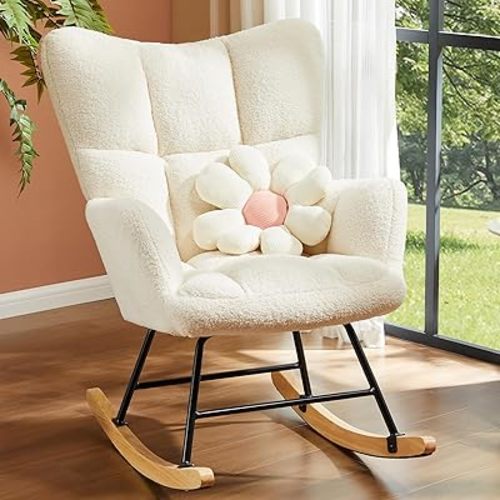 DUMOS Rocking Chair with High Backrest, Teddy Upholstered Indoor Reading Glider Chair with Comfy Seat for Bedroom, Living Room, Office, Beige