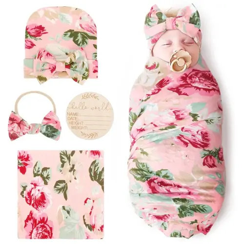 DRESHOW BQUBO Baby Girl Newborn Receiving Blanket with Bow Hat Headband Wooden Birth Announcement Card Set Baby Floral Print Nursery Swaddle Wrap