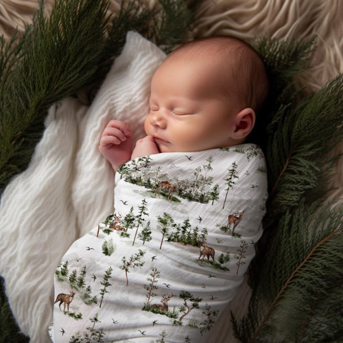 Baby Boy Deer in Forest Swaddle Gift Set, Girl Woodland Headband, Nature Bow Hat, Trees Beanie Cap, Wilderness Newborn Hospital Photo Outfit