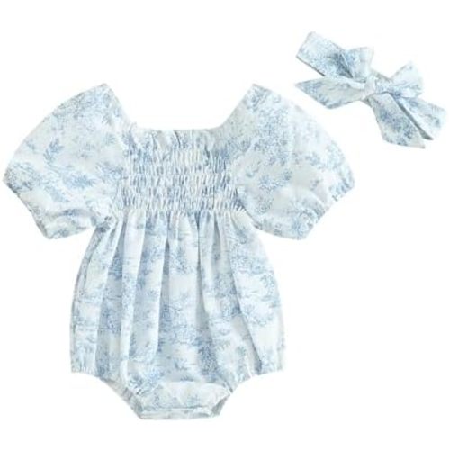 Infant Baby Girls Romper Floral Ruffle Sleeve Pleated Smocked Bubble One Piece Ruched Jumpsuit Summer Bodysuit