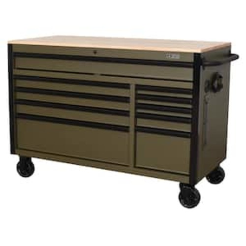 Limited Edition 52 in. x 24.5 in. D 10-Drawer Army Green Mobile Workbench with Solid Wood Top