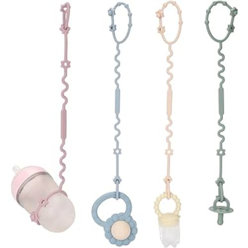 4 Pack Silicone Baby Bottle Harness Straps- Keep Bottles and Sippy Cups Off The Floor, Adjustable Sippy Cup Leash｜Toy Safety Straps for Stroller, High Chair, Crib, Bag(Sage/Ether/Cream/Lilac)