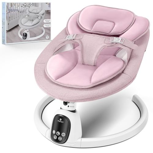 T TICCI Baby Swings for Infants, Smart Portable Baby Swing for Newborn, Bluetooth Infant Swing with Music Speaker, Remote Control Indoor Rocker with 5 Sway Speeds, 0-6 Months, Pink