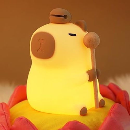 Capybara Nursery Night Light, 7-Color RGB Mood Light & 3-Level Dimmable Warm Light, Tap Control, 30Min Timer, 100% Safe &Soft Silicone, Adorable, Soothing Ambiance, Gift for Kids, Wooden Fish