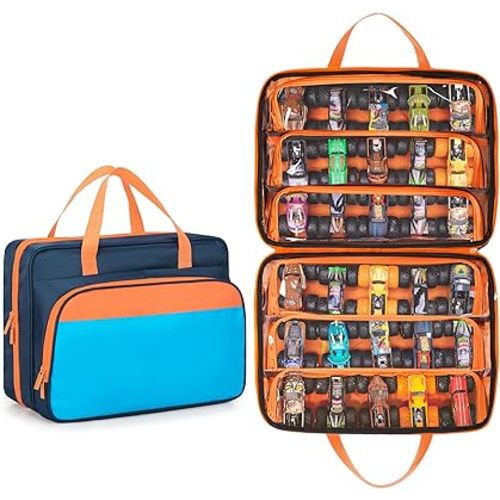 CURMIO Carrying Case Compatible with Monster Jam Trucks, Portable 1:64 Scale Monster Truck Bag Holding 34 Toy Cars for Collectors, Dark Blue, Bag Only