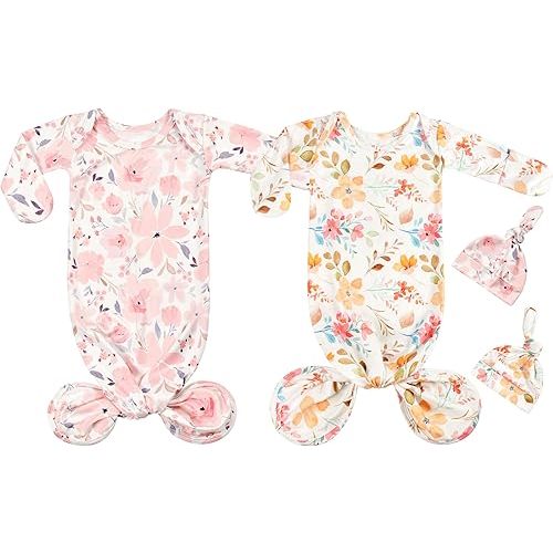 Newborn Baby Knotted Gown Sleeper Gown with Mittens Long Sleeve Nightgown Baby Coming Home Outfit with Hat 2 Pieces