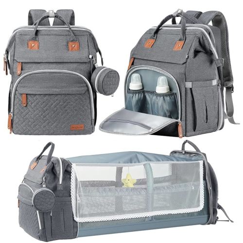 DERJUNSTAR Baby Diaper Bag Backpack with ChangingStation-Large Capacity Baby Bag for Boys & Girls, USBCharging Port, Pacifier Case, sunshade & Toy Bar,Waterproof, Pale Grey