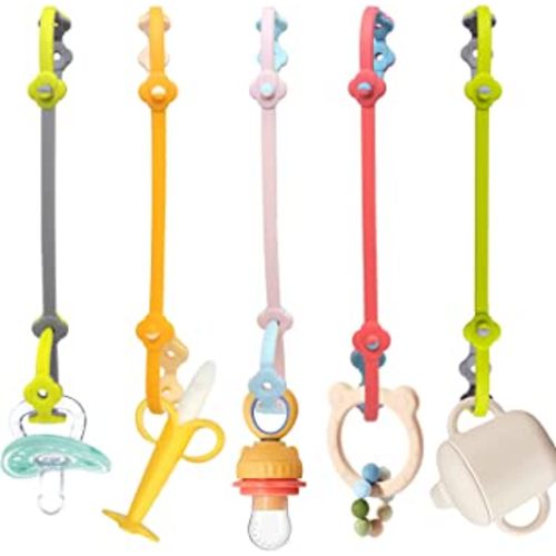 Toy Straps for Baby 5PK Silicone Toy Leash Holder for Stroller HighChairs Car seat, Secure-A-Toy Adjustable Length to Keep Toys Clean