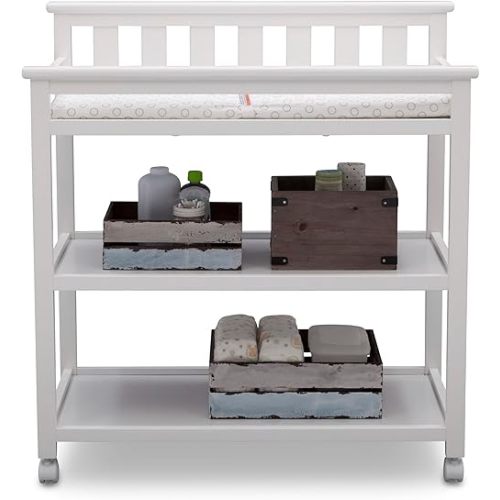 Delta Children Flat Top Changing Table with Wheels and Changing Pad - Greenguard Gold Certified, Bianca White