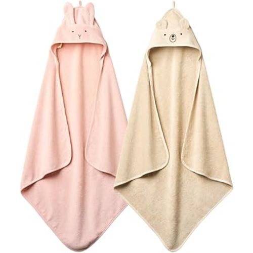 Baby Hooded Towel – Organic Cotton Baby Bath Towels, 32" x 32" Super-Soft and Absorbent Baby Towels for Newborn 2-Pack (Rabbit Blush/Bear Fog)