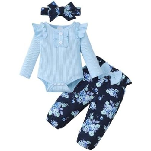 SUNNY PIGGY Baby Girl Clothes Infant Newborn Outfits Ruffle Short Sleeve Romper Tops Floral Pants Set With Headband