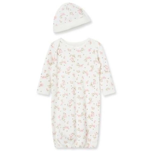 Baby Girls 2-Piece Vintage Rose Print Gown and Beanie Pajama Set