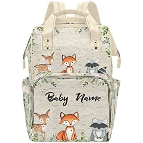 Personalized Woodland Animal Diaper Bag with Name, Customized Name Nappy Backpack for Mom, Custom Baby Daycare Bag Handbag Shoulder Bag for Newborn Girls Boys Infants
