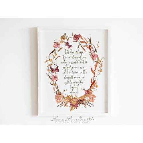 HP Let Her Sleep Quote | Cottagecore Wildlfower Floral Watercolor Printable Wall Art | Whimsical Wizarding Magic Nursery | Digital Download
