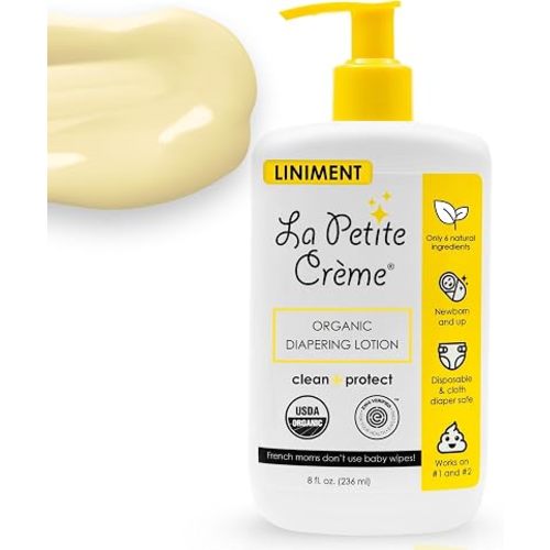 La Petite Creme French Premium Liniment Baby Lotion - Diaper Cream Alternative to Wet Wipes - Gentle Moisturizer & Skin Cleanser, USDA Certified Organic Ingredients - Newborn Essentials (8 oz)