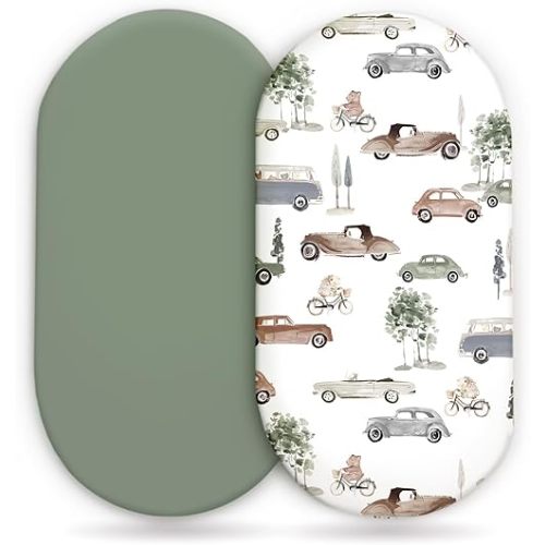 GRSSDER Stretchy Ultra Soft Fitted Bassinet Sheet Set 2 Pack, Universal Fit for Bassinets Baby Cradle Moses Basket Oval Rectangle Mattress Safe and Snug, Stylish Bassinet Sheets of Cars Print for Boys