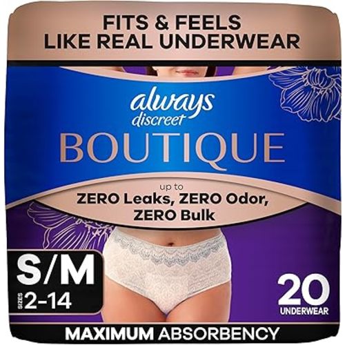 Always Discreet Boutique Incontinence and Postpartum Underwear for Women, Maximum Protection, Small/Medium, Rosy, 20 Count