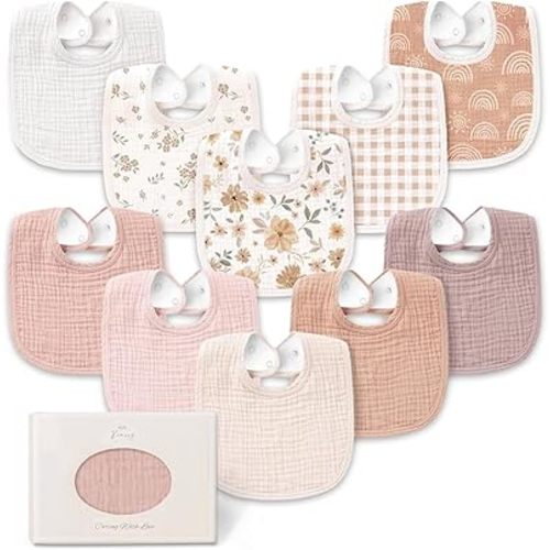 Konssy 10-Pack Muslin Baby Bibs, Soft Cotton Bandana Bibs for Drooling & Teething, Unisex Solid Colors for Boys & Girls, Newborn & Infant