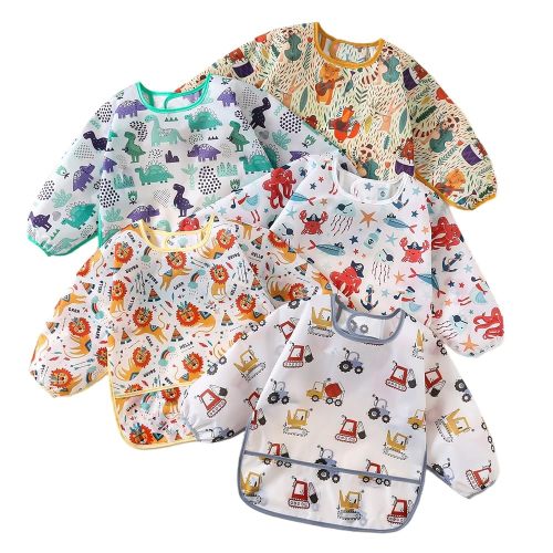 Sleeved Bib,5 Pack,Waterproof Shirt Bibs for Baby 3-24 Months Wipe Clean