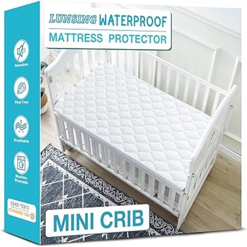 Lunsing Waterproof Mini Crib Mattress Protector, Soft Breathable Mini Crib Size Mattress Pad Cover, 3-10 inches Deep Pocket, White