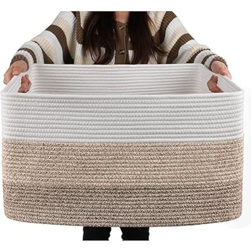 OIAHOMY Large Rectangle Blanket Basket, Woven Nursery Cotton Rope Baskets for Storage, Living Room, Toy Organizing with Handle-22”x17”x12”-Gradient Yellow