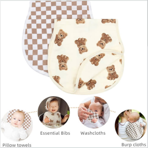LifeTree Muslin Baby Burp Cloths - 2 Pack 70% Viscose from Bamboo and 30% Cotton Large 22'' by 10'' Absorbent Milk Spit Up Rags - Burping Cloths for Newborn, Girls Boys, Bear and Checkered