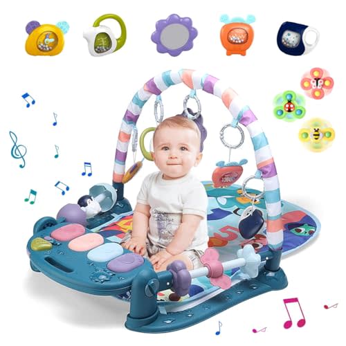 GUGUKUKU Baby Playmat Tummy Time Toys-Funny Play Piano Baby Gym Activity Mat with 5 Infant Sensory Toys & 3 Suction Cup Spinner Toys, Baby Essentials for Newborns 0-3-6-9-12 Months(Blue)