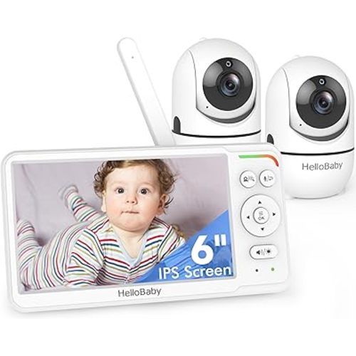 HelloBaby Baby Monitor with 2 Cameras and Audio, 6'' World First IPS Split Screen Baby Camera Monitor No WiFi, 30-Hrs Battery, ECO, 2-Way Talk, Night Vision, 1000ft, Travel Video Baby Monitor Portable