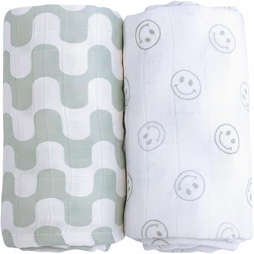 Muslin Swaddle Blankets - Set of 2 Gender Neutral Patterns- Large 47"x47",Organic Cotton & Viscose from Bamboo, Extra Soft Newborn Swaddles, Baby Shower for Boys & Girls (Green Waves & Smileys)
