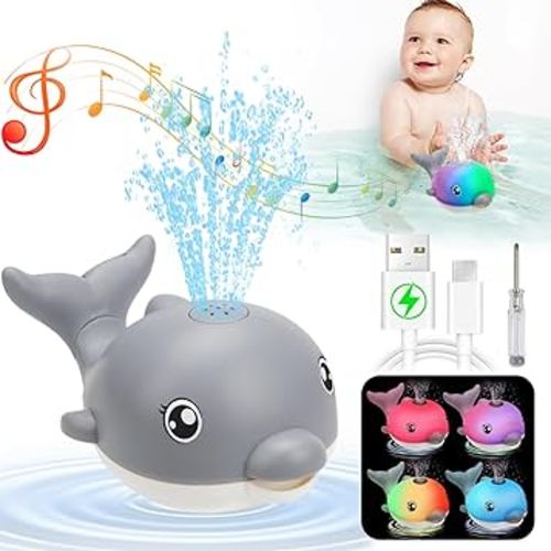 2024 Upgraded Bath Toys, Rechargeable Baby Bath Toys, Dolphin Spray Water Light Up Musical Toys 6-12 12-18 Months, Sprinkler Water Pool Bathtub Toys for Toddlers 1-3 2-4 Boys Girls Infant Kids - Grey