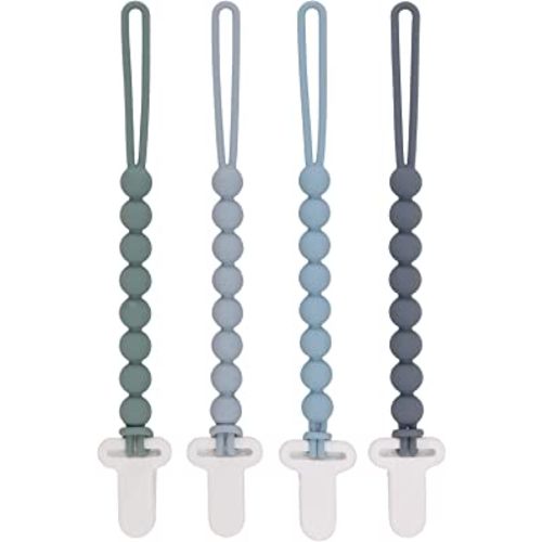 4-Pack Silicone Pacifier Clips with One-Piece Beads for Baby Boys and Girls - Flexible and Rust-Free Holders for Teething Relief and Baby Essentials, Safe for Newborns (Grey)