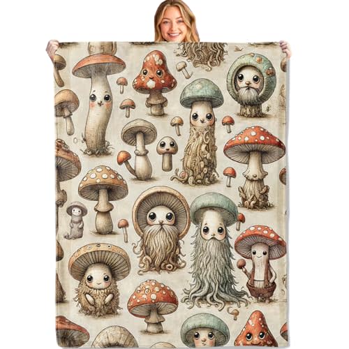MIEPOS Cute Mushroom Character Throw Blanket,50x60in,Soft, Lightweight Flannel,Whimsical Blankets,Gifts for Kids & Nature Lovers,for Couch Travel Picnics, Lounging Home Living Room Decor
