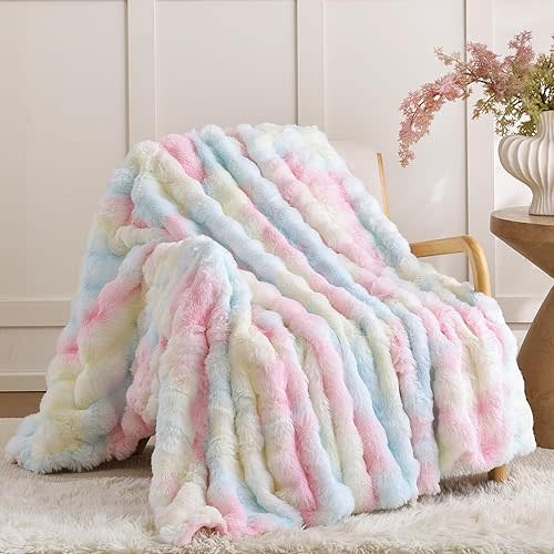 Smoofy Faux Fur Throw Blanket for Couch – Rainbow Fluffy Cozy Rabbit Fleece, Plush Soft Bubble Blanket for Sofa & Bed, for Mom, Warm Fuzzy Home Room Decor Throw 50" x 60"