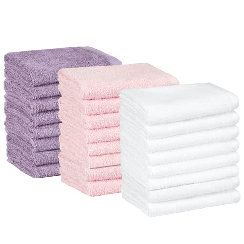 Amazon Basics washcloth for bathroom, 100% Cotton Extra Absorbent , Fast Drying - salon towels - 24-Pack, Petal Pink, Lavender, White, 12 x 12 in