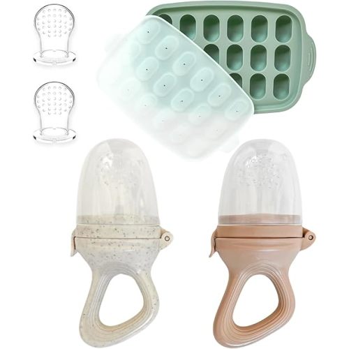 Hippypotamus Baby Food Feeder & Freezer Tray - Silicone Fruit Feeder - Pacifier Teething Toys - 2 Extra Pouches - Set of 2
