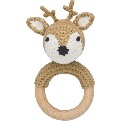 Woodland Friends Baby Rattle Shaker Toy with Wooden Teething Ring in White and Tan Deer